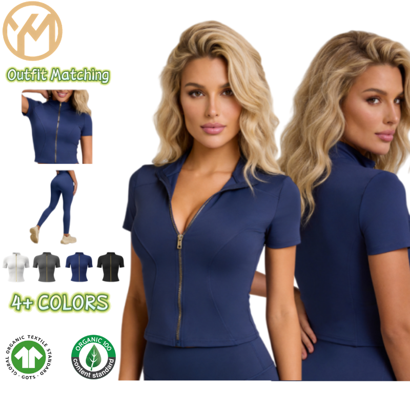 YIMO Peach Gold Zipper Yoga Coat Short-sleeved Slim-fit Sweat-Wicking Spandex/Polyester Running Tight Top for Women