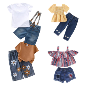 Ensembles de vêtements en coton pour enfants à prix d'usine : T-shirt, short en jean, pantalon et débardeur – Ensembles 2 pièces d'été pour enfants - Product Image 5