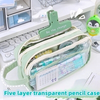 Sac à stylo transparent de grande capacité à trois couches, sac de rangement de boîte à papeterie minimaliste
