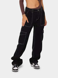 Jeans Cargo de Cintura Alta para Mujer, Pantalones Vaqueros de Pierna Ancha con Costuras en Contraste, Pantalones Casuales de Estilo Urbano con Múltiples Bolsillos - Product Image 1