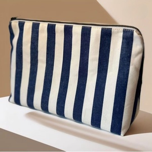 Trousse de maquillage en coton à rayures pour femmes bon marché avec fermeture à glissière et logo personnalisé - Product Image 1