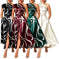 Gaun Midi Wanita Satin Bermotif Satu Bahu dengan Ikat Pinggang, Slit Samping, Saku, Elegan untuk Pesta Pernikahan dan Acara Lainnya