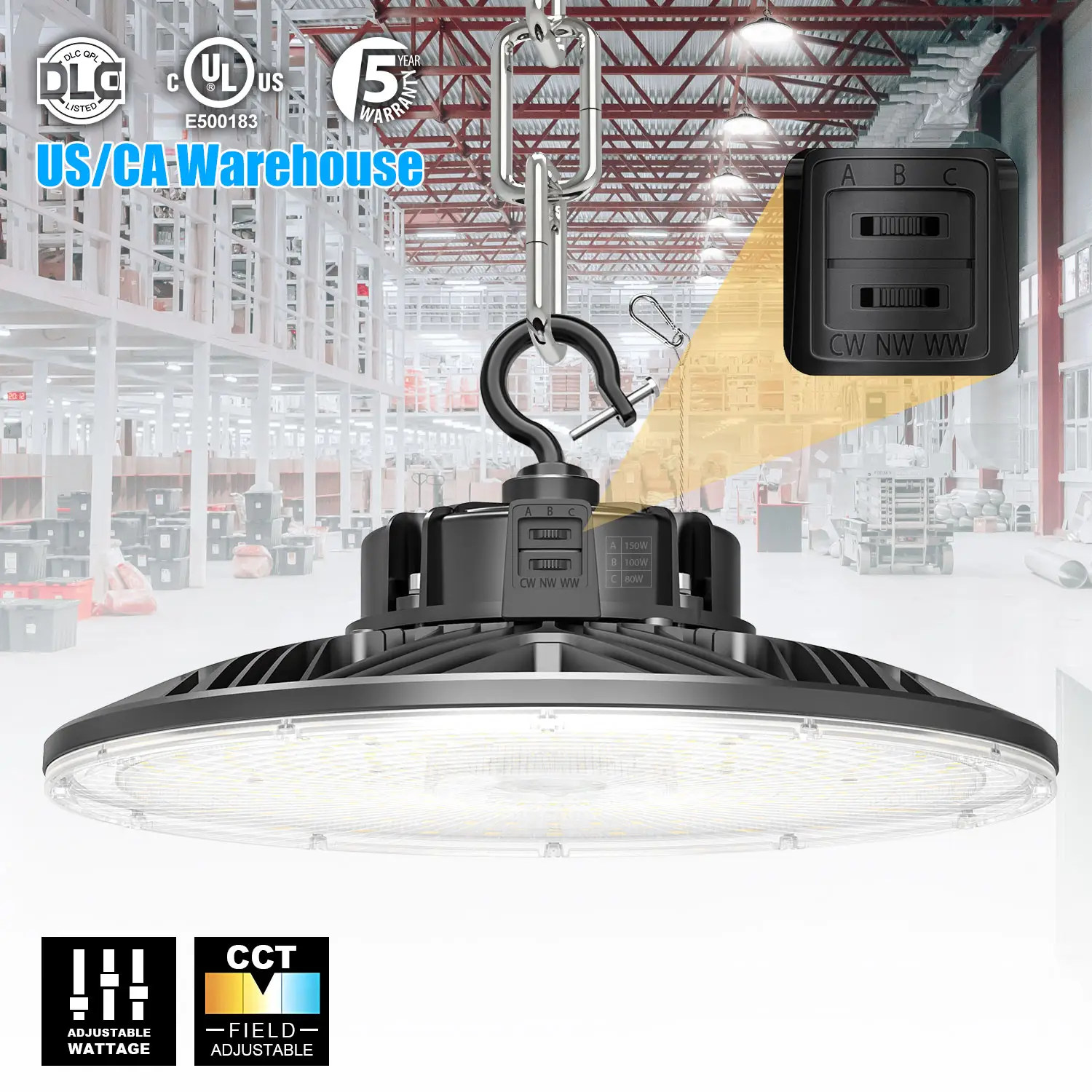 IP65 Pengiriman dari Amerika Serikat Gudang UL ETL DLC Bengkel Toko Pabrik Perlengkapan Lampu 100 150 200 240 300 Watt UFO LED High Bay Light