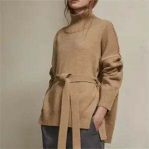 2024 produttori di maglieria personalizzata a collo alto da donna nuova moda maglione di lusso a coste marrone con cintura