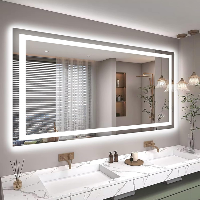 Large Size LED Bathroom Mirror with Lights, Anti-Fog, Dimmable, Backlit + Front Lit, Smart Bathroom Vanity Mirror