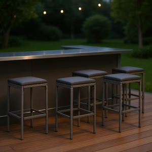 Tabourets de bar en rotin et acier gris moyen, ensemble de 6 pièces, pour utilisation en extérieur et en intérieur, design moderne durable, style contemporain - Product Image 2