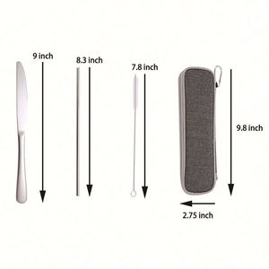Ensemble d'ustensiles de voyage réutilisables en acier inoxydable argenté 8 pièces avec logo personnalisé, comprenant fourchette, cuillère, couteau, baguettes, paille et pochette zippée portable - Product Image 3