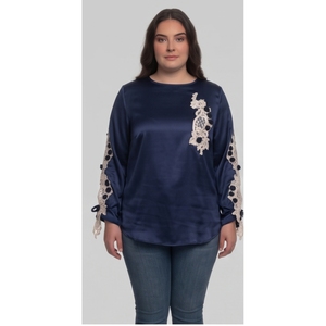 <b>Women's</b> <b>Navy</b> Blue Satin Blouse With Embroidery Lace Detail Full Sleeve Crew Neck Elegant Loose Fit <b>Top</b> - Product Image 1