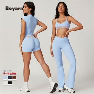 Boyarn vêtements de sport pour femmes 4 pièces ensemble de sport séchage rapide Yoga entraînement Gym Fitness taille élastique manches courtes respirant - Product Image 5