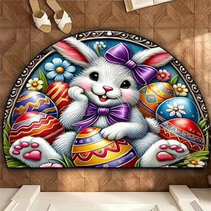 Alfombra de Entrada de Terciopelo Cristalino con Diseño de Conejo de Pascua, Forma de Huevo Semicircular, Resistente a las Manchas, Patrón de Animales Lindos, Invierno 2025 - Product Image 2