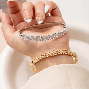 Middle Eastern Style Minimalist <b>Copper</b> <b>Bangle</b> With Zircon Gold And Silver Women's Jewelry Gift Geometry Design Bezel Setting - Product Image 1