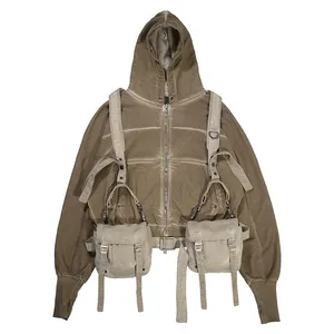 Design Your Hoodie OEM Customized Men Oversized Faded Washed Zipper Up Detachable Harness Cargo Bag Hip Hop Crop Hoodies