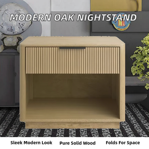 Modern 1-Drawer Solid Oak Wooden Bedside Table <strong>Mirrored</strong> Finish Foldable Design Smart Features LED Light-Nordic Style <strong>Nightstand</strong> - Product Image 2