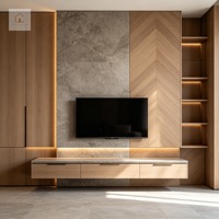 Mueble de TV Contemporáneo XINGRUO a Medida, con Detalle Chevron en Madera de Nogal, Mueble Multimedia de Lujo Personalizado con Iluminación LED