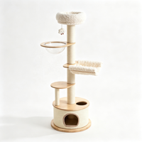 Arbre à chat multi-niveaux CreamDen 152,5 cm avec structure en MDF et placage de bois de bruyère, tressé de sisal, avec niche pour chat, bol en acrylique transparent et grand panier en peluche