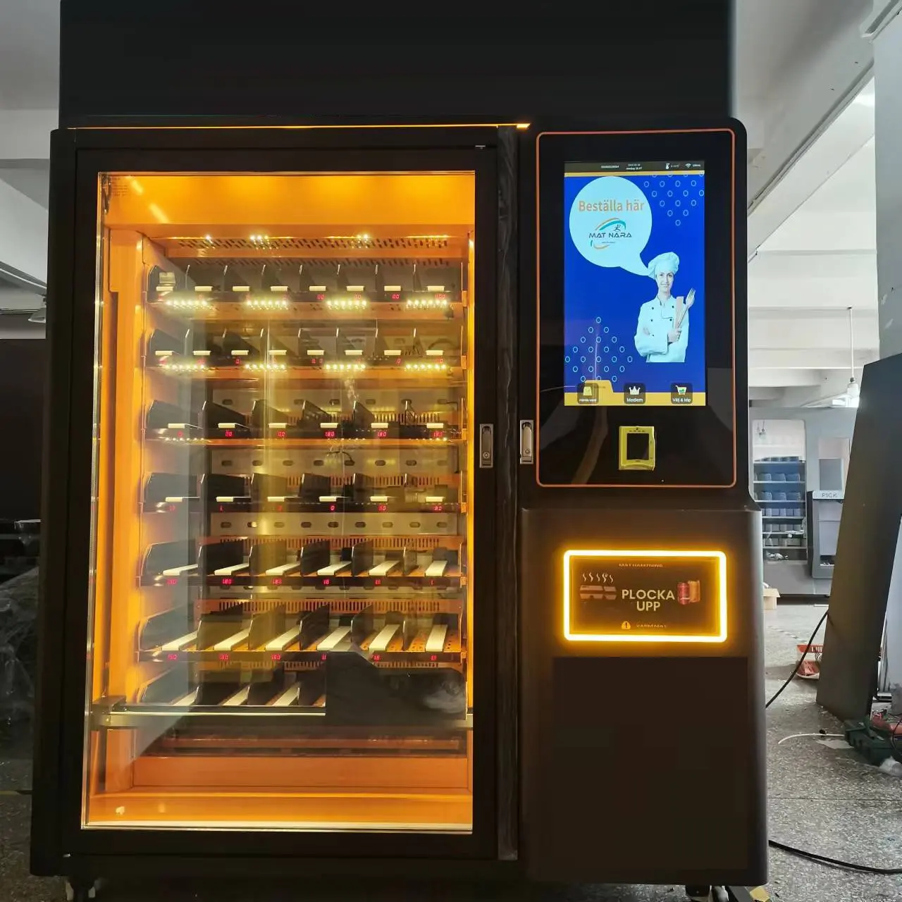 Máquina Expendedora de fiambrera con microondas incorporado, máquina expendedora con pantalla táctil