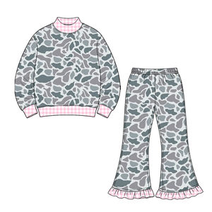 Customize kids Girls <b>Camo</b> Print 2Pcs Casual Sets Long Sleeve Mock Neck <b>Top</b> Pants with Pink Gingham Trim Boutique Autumn Outfits - Product Image 2