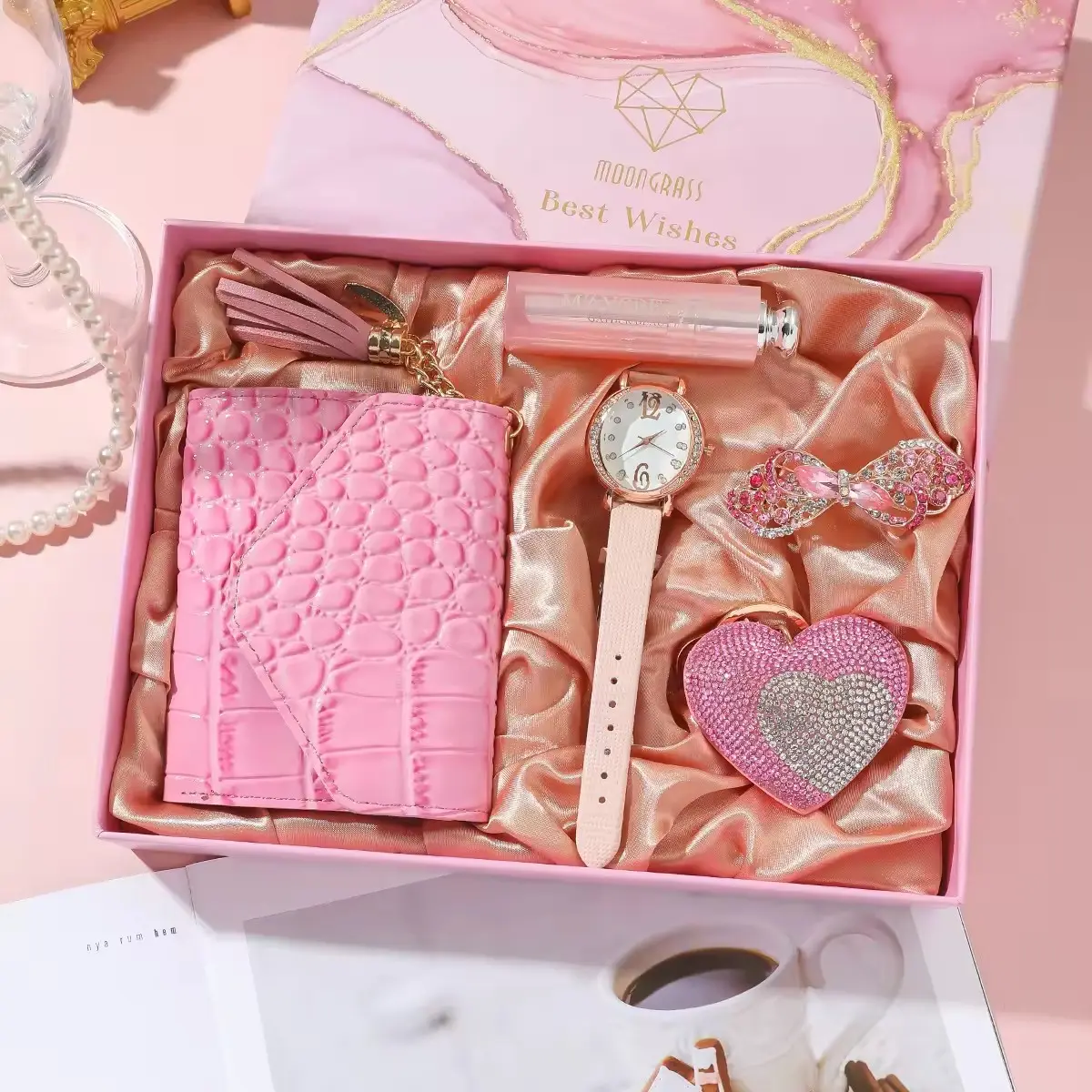 여자 시계 선물 세트 핑크 여자 마음 생일 선물 그녀의 발렌타인 데이 선물 2024 친구 반짝이 머리 카드 여자 세트