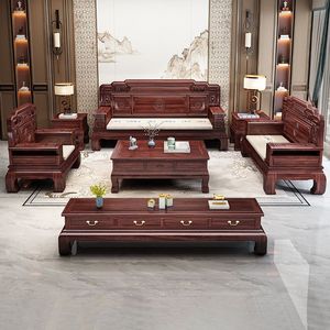 Juego de sofás de madera maciza de palisandro chino de estilo clásico, muebles de sala de estar de estilo antiguo con estructura de mortaja y tenón. - Product Image 3