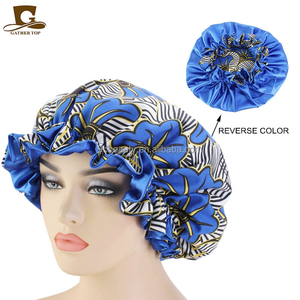 Vente en gros Bonnets en <span class=keywords><strong>satin</strong></span> imprimés à la cire africaine double couche réversibles Ankara avec volants - Product Image 2