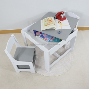 Table moderne pour enfants avec deux chaises, plateau double face avec bac de rangement, bureau d'activités en bois pour enfants - Gris, durable, pour salon - Product Image 3
