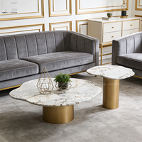Ensemble de tables basses de salon modernes de luxe nordiques, couleur bronze, base en acier inoxydable, plateau en marbre, forme incurvée irrégulière