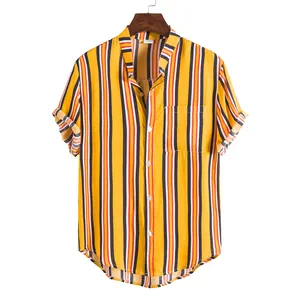 Latest Fashion Striped Print Shirts Men Summer Short Sleeve Hawaiian Vacation Shirts