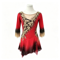 Robe de patinage artistique dégradé rouge et noir, manches 3/4 à plumes, costume de compétition avec strass, personnalisable pour enfants, adolescents et adultes, OEM