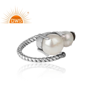 Bague artisanale en argent sterling au design unique, avec perle blanche et quartz fumé, bague oxydée, bijoux en gros - Product Image 3