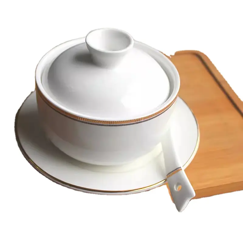 Panci rebus porselen, panci sup sarang kukus abalon sirip sup dengan penutup mangkuk dengan sendok bawah 300ML