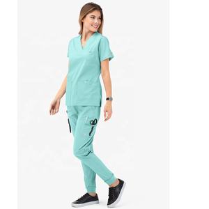 사용자 정의 로고 속건 스판덱스 짠 저지 레이온 반팔 외과 가운 세트 고탄력 병원 유니폼 스크럽 디자인 - Product Image 3