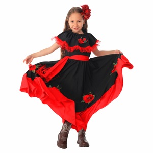 Traje tradicional mexicano para niñas, vestido negro y rojo con rosas, accesorio floral para el cabello, traje de actuación para niños - Product Image 1