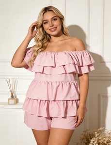 Joyinspring - Pantalones de una Pieza para Mujer, Talla Grande, Color Rosa, Hombros Descubiertos, con Volantes, Sólidos, de Verano, de Secado Rápido, Tejido de Punto, Corte Regular - Product Image 3