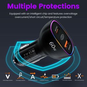 Chargeur de voiture magnétique multi-ports USB+PD30W QC3.0 avec anneau lumineux LED pour une charge rapide des appareils photo et des ordinateurs portables - Product Image 2