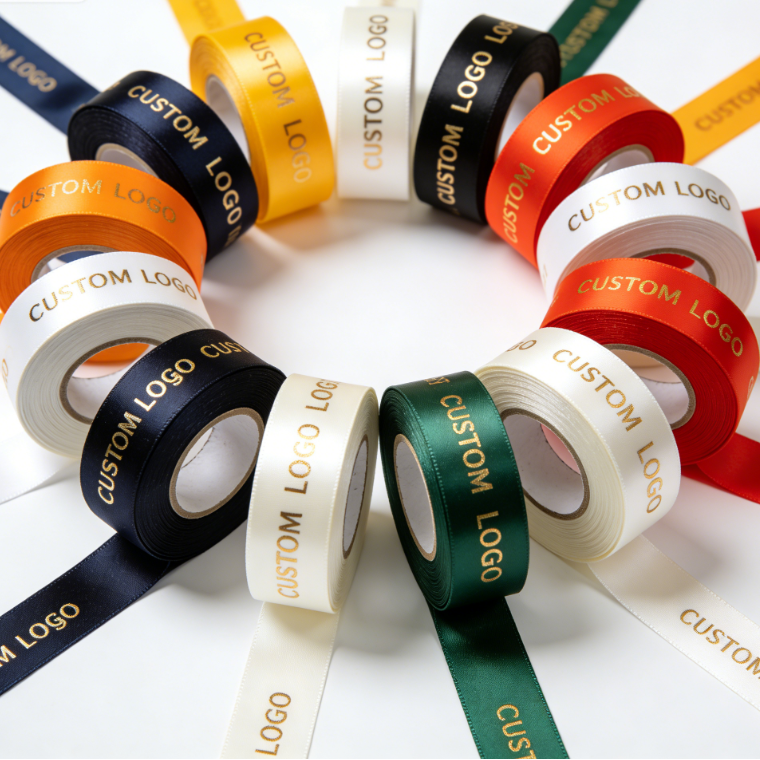 Gift Wrapping Custom Printed Gold Foil Polyester Ribbon Personalized Logo Design for Birthday & Holiday