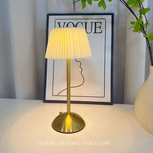 Cross-border modern minimalist fabric metal pleated <b>table</b> <b>lamp</b> for bedroom bedside ambient lighting, rechargeable USB touch - Product Image 3