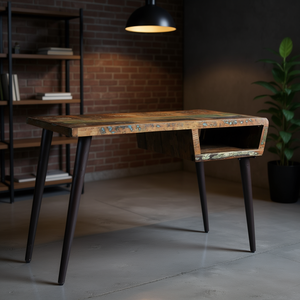 Bureau en bois récupéré avec pieds en fer, design industriel, finition antique, mobilier commercial autoportant - Product Image 2