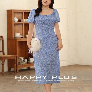 Vestido lápiz de cintura alta con estampado floral azul para mujer, talla grande, cuello cuadrado, N8834 - Product Image 4