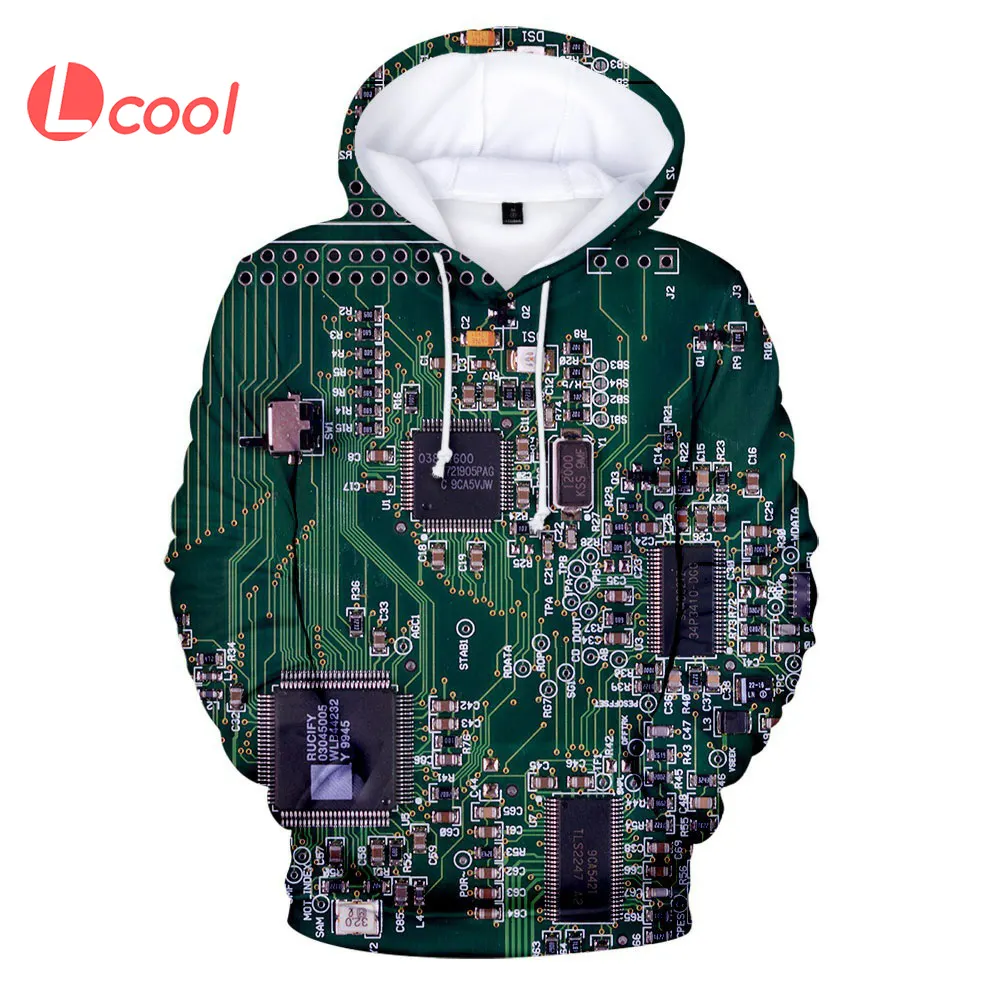 Lcool 전자 칩 회로 기판 3d 남자 디지털 인쇄 후드 대형 폴리 에스터 승화 후드