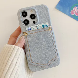 Jeans Cloth Fabric Leather Card Holder Wallet Mobile Phone Cases Cover For iPhone 13 14 15 Pro Max Cell Phone Back Covers Case