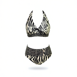 Set bikini HDJ Plus Size con stampa zebrata, costume da bagno a vita alta con top e slip con laccetti sul davanti BZ77320 - Product Image 4