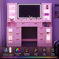 Coiffeuse rose avec miroir LED RGB à commande par application, plateau en verre et station de charge, grand meuble de rangement pour la vente en gros
