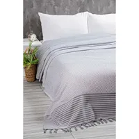 Couverture de lit et paréo en tissu de coton tissé Pestamal pour lit double, pique-nique, plage, beige, gris foncé, bleu gris, motif carreaux, moutarde