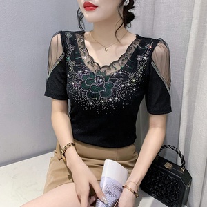 Nuova Maglietta da <span class=keywords><strong>Donna</strong></span> con Design Floreale, Strass e Paillettes Lucide, Top Aderente in <span class=keywords><strong>Maglia</strong></span> a Maniche Corte per Feste e Discoteca - Product Image 3