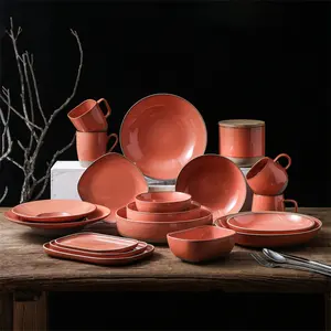 Desain Baru Reaktif Glaze Orange Restoran Rumah Digunakan Stoneware Dinner Ware Makan Malam Set Keramik Peralatan Makan Set