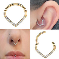 Cincin Septum Bentuk V Grade Implan 16G, Zirkon Bentuk Tetesan Air, Cincin Hinged Segment Hoop untuk Hidung, Clicker Tetesan Air untuk Tindik Hidung