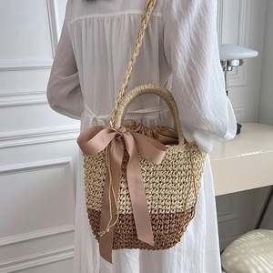 Bolso de playa Rattan <span class=keywords><strong>Bali</strong></span> Straw Barrel Monedero Bolsos a granel Tejido de haya con borde Satén Tote Tendencia Nudo <span class=keywords><strong>japon</strong></span>és - Product Image 3