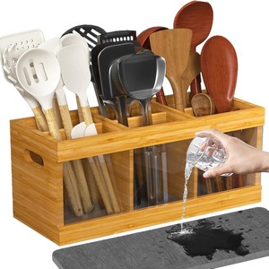 Wooden Cutlery Storage Box With Drainage <b>Kitchen</b> Organizer For Utensils Bamboo Material Water Resistant Design - Product Image 5