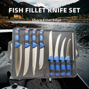 Ensemble de 8 couteaux à filet de poisson en acier inoxydable faits à la main, vente en gros, ambidextres, à lame droite, manche en plastique bleu, couteaux portables - Product Image 2
