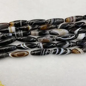 30mm Black Strip Rice Shape Agate Bead Strand Polished Barrel Gemstone Beads For DIY Jewelry Making Barrel Beads